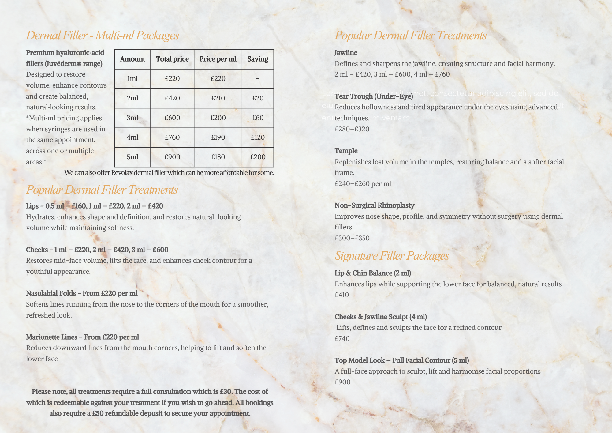 Dermal filler prices: multi-ml packages, popular areas, signature packages, and booking notes